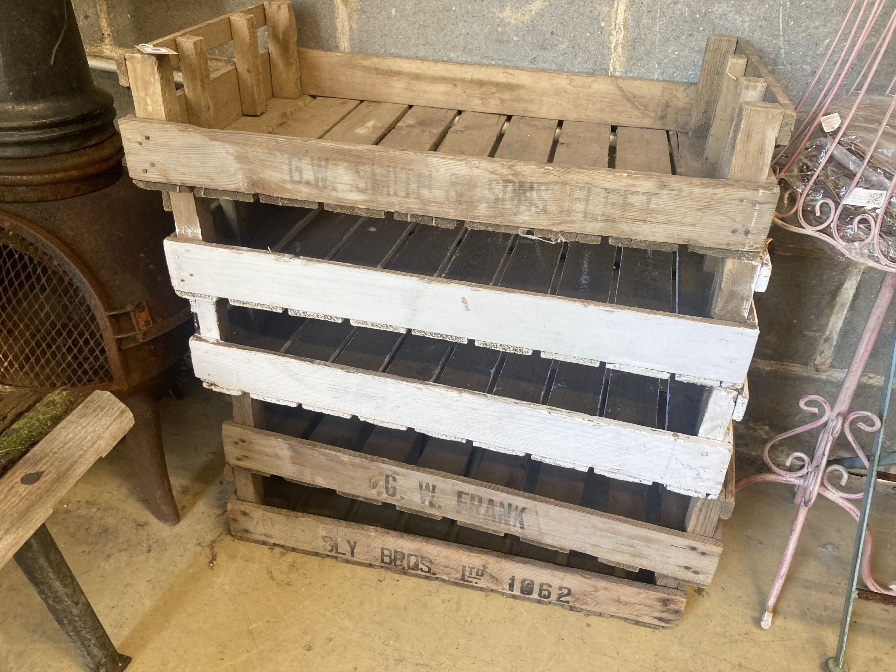 Five vintage wood fruit crates, width 75cm, height 46cm